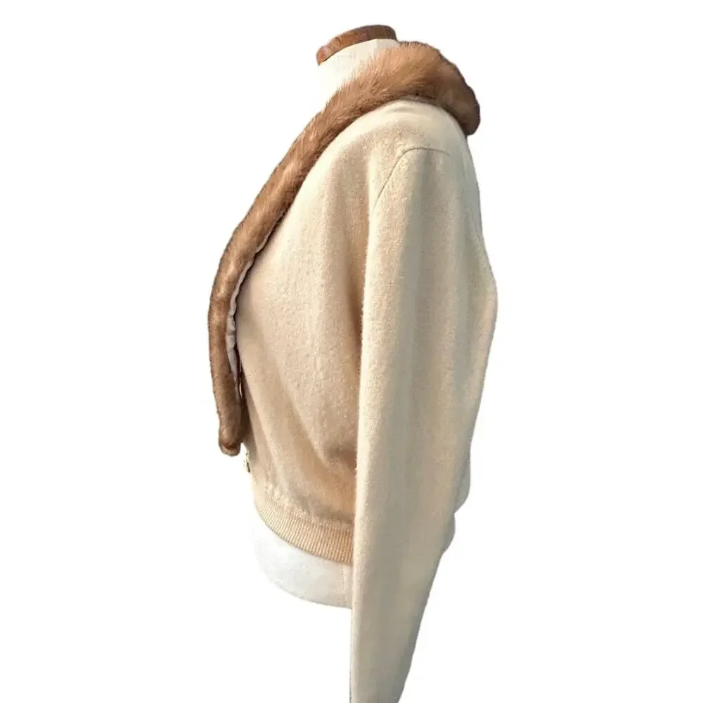 1950s Cashmere Cardigan Detachable Mink Fur Collar Rhinestone Clasp Glam SM - Picture 12 of 13